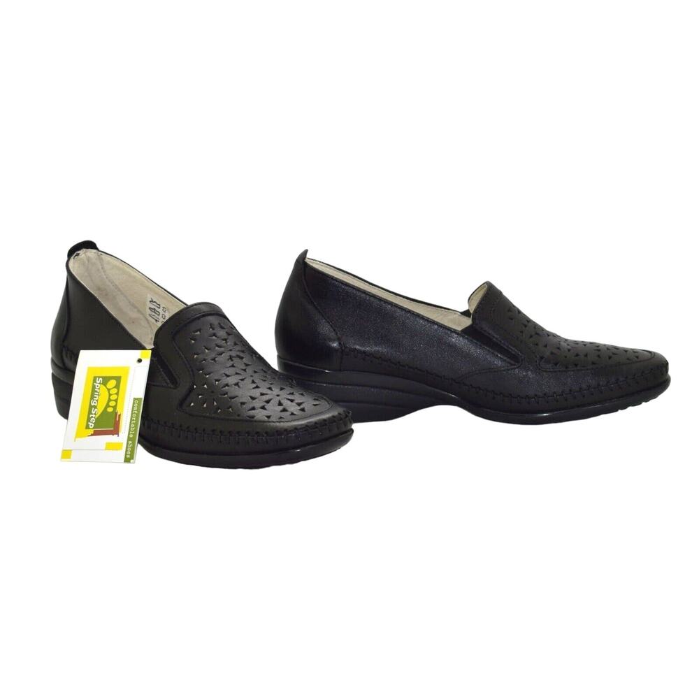 A5 NEW SPRING STEP Roberta Black Laser Cut Leather Wedge Comfort Loafers Size 39